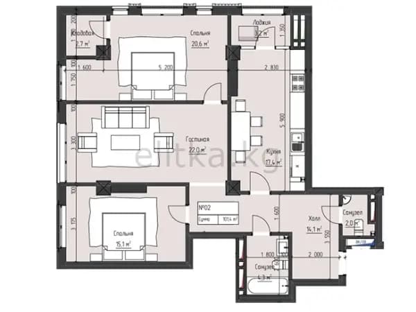 3 ком. кв. 101.4 м², 12 этаж из 15
