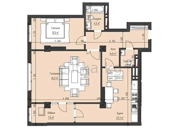 2 ком. кв. 100.9 м², 14 этаж из 15