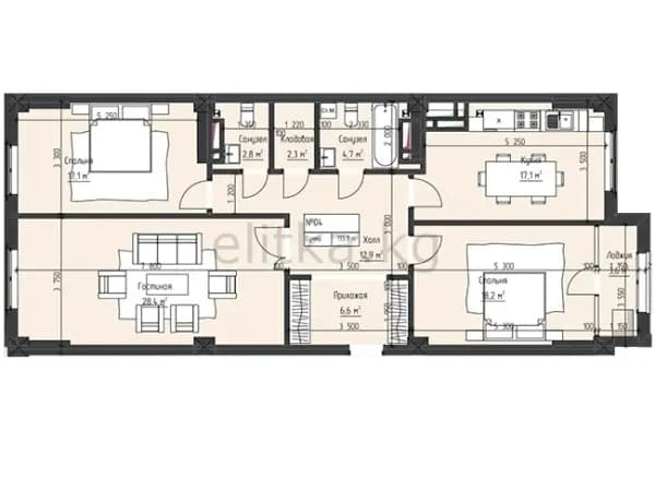 3 ком. кв. 113.7 м², 7 этаж из 15