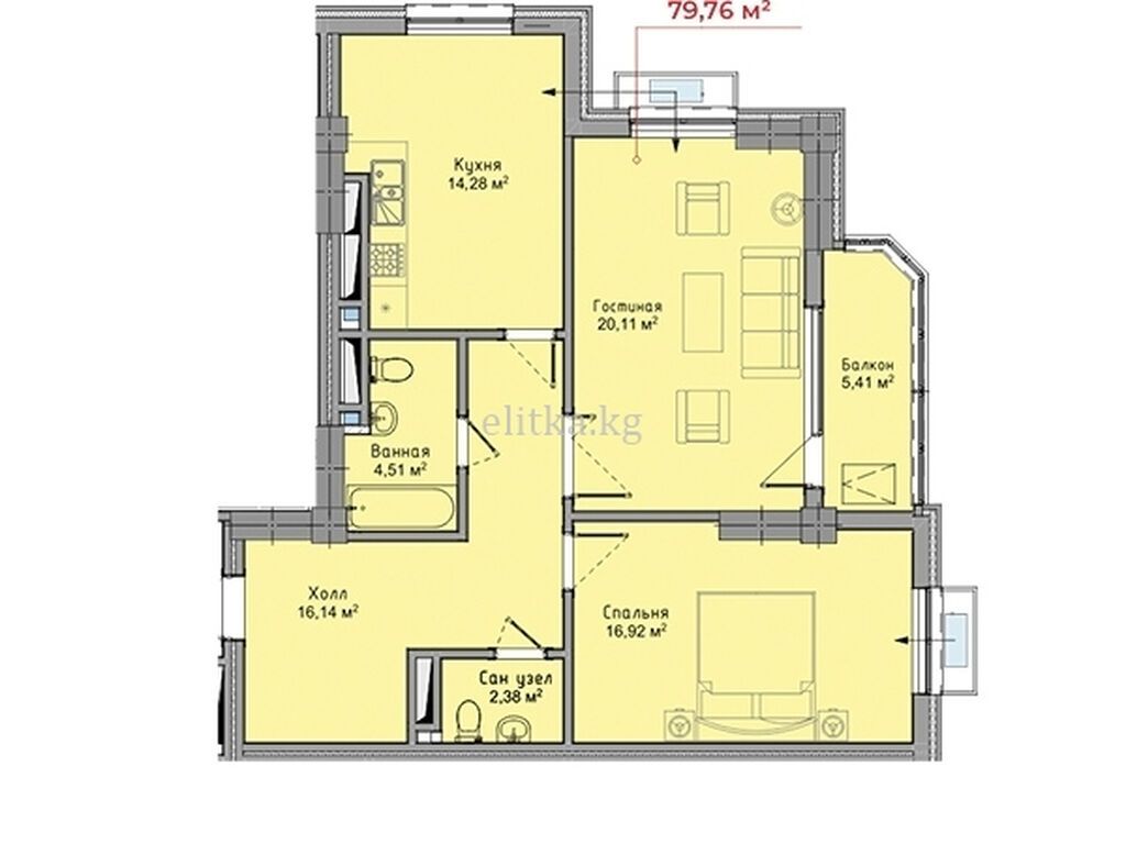 2 ком. кв. 80 м², 8 этаж из 14