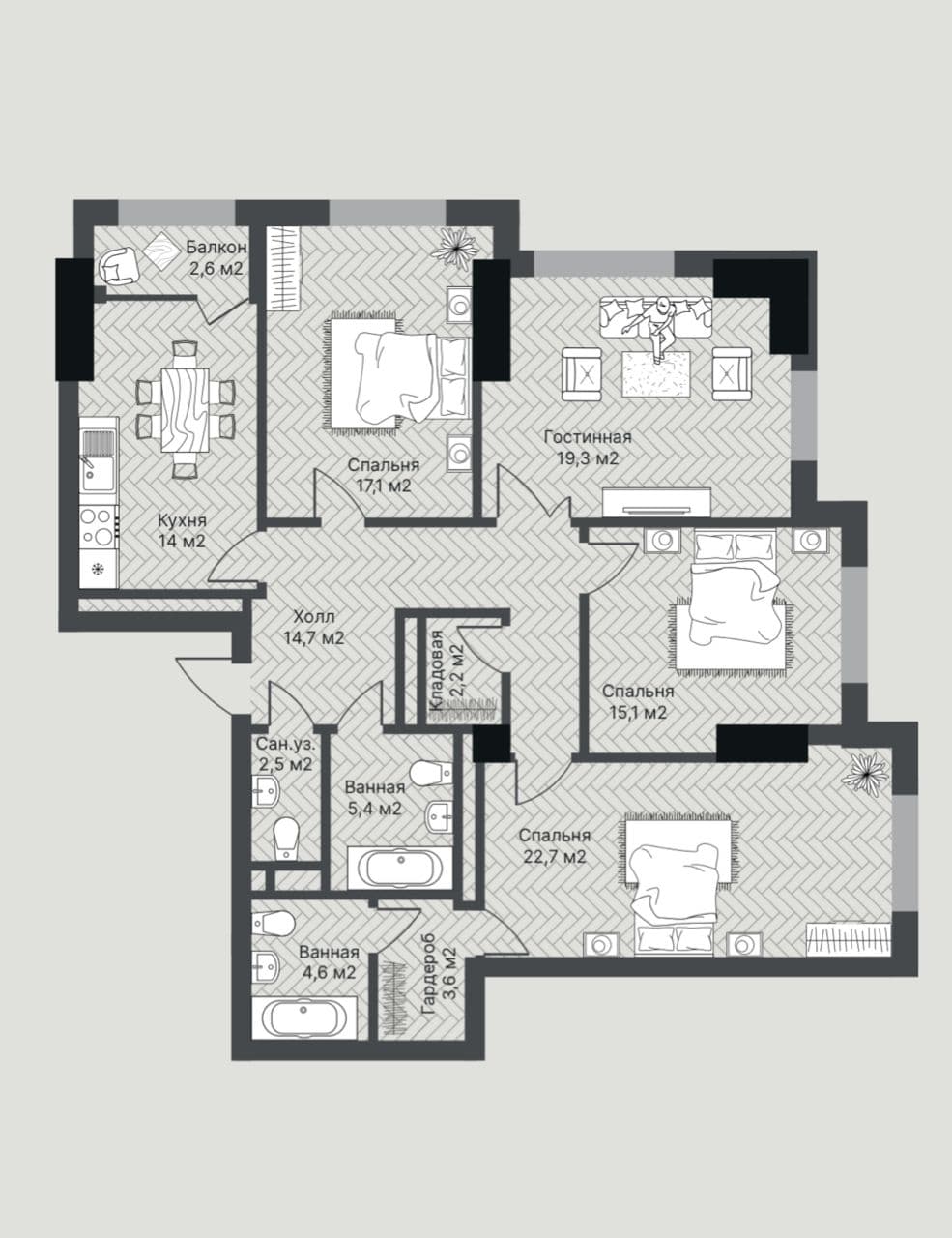 4 ком. кв. 126 м², 20 этаж из 25