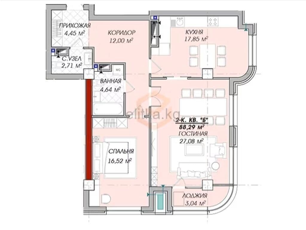 2 ком. кв. 88 м², 6 этаж из 14
