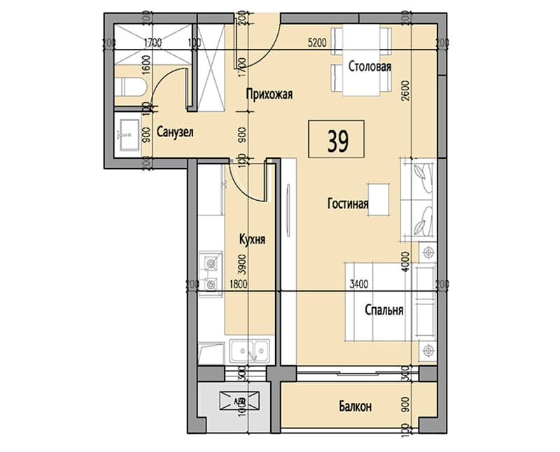 1 ком. кв. 38.8 м², 5 этаж из 23