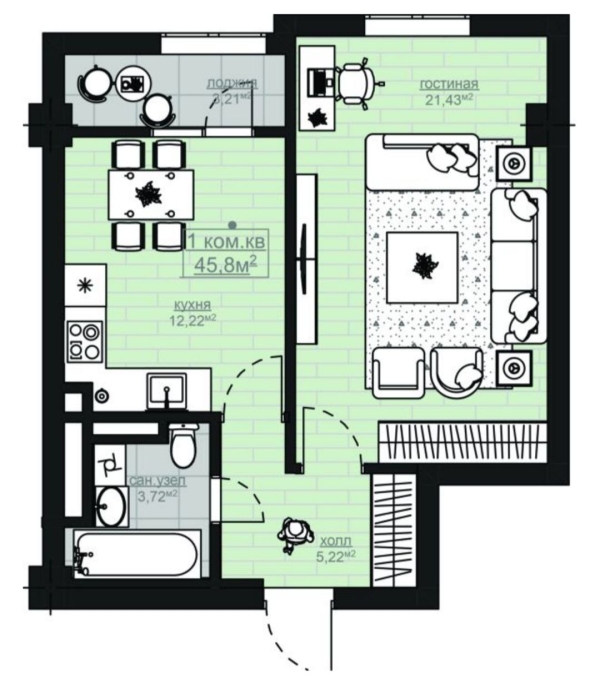 Продаю 1-к квартиру (46 м²) в Бишкеке