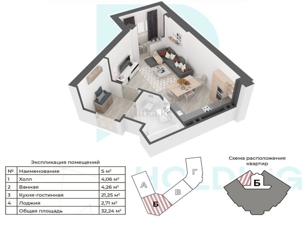 Продаю 1-к квартиру (33 м²) в Бишкеке