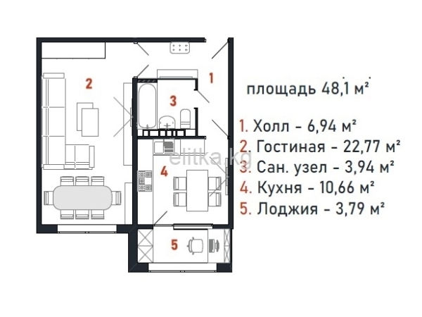 Продаю 1-к квартиру (48 м²) в Бишкеке
